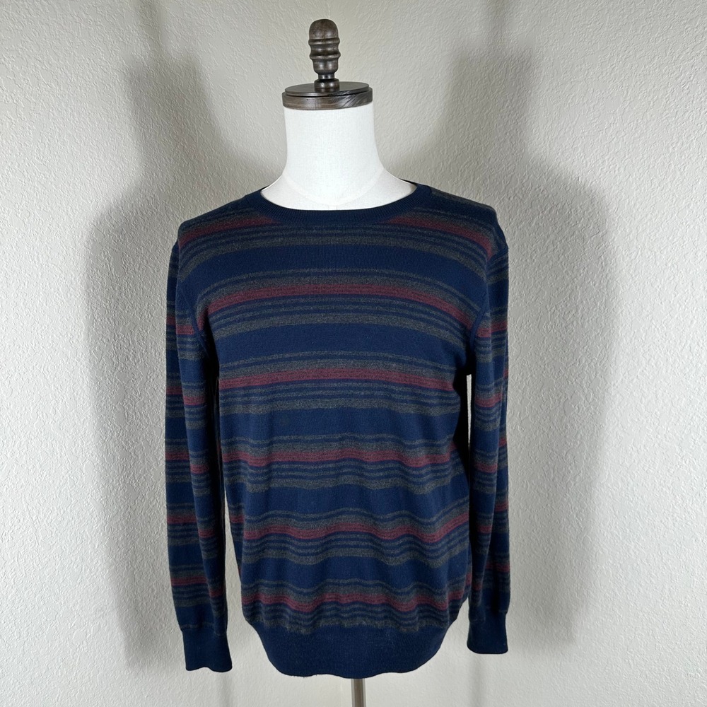 Black Saks Fifth Avenue Sweater Mens‎ Medium Blue Striped Merino Wool Crewneck